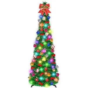 5 FT Pop Up Christmas Tinsel Tree with 50 LED Lights & Remote, Christmas Topper Bow, Ornaments, Easy Assembly with Stand, Collapsible Prelit Christmas Pencil Tree for Xmas Home Party Decor