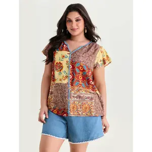 BloomChic Women's Plus Size Supersoft Smooth Nylon Garment Blouse - Short Sleeve Bohemian Clothes, Colorful Contrast Patchwork Print, 2026 Summer Top, Flattering Fit [M-6X], Swimweek Pick, Spotlight Deal