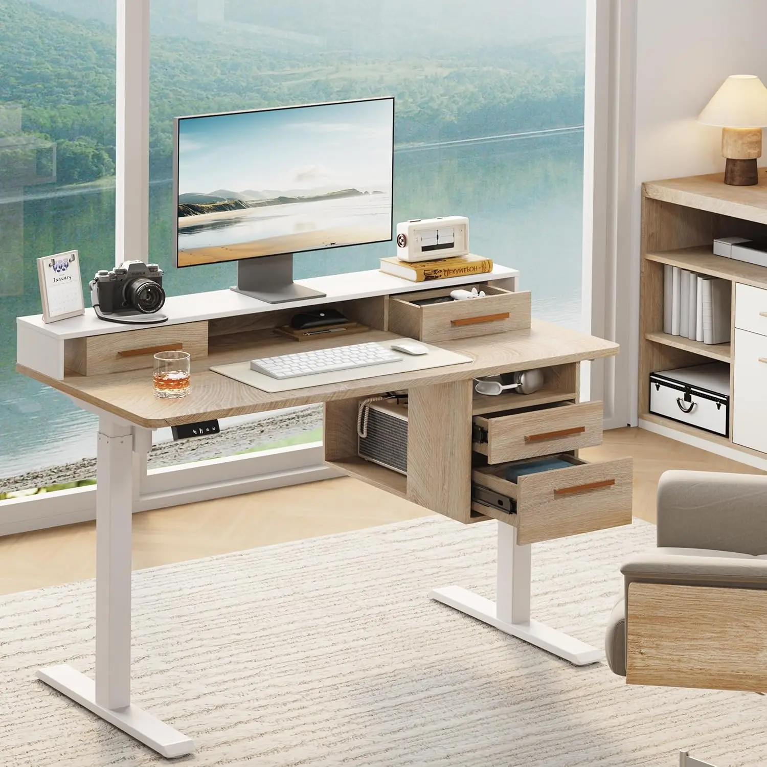[2 Packages Shipping] ModernMate Sturdy Ergonomic Auto-Height Adjustable Standing Desk - 47.2x23.6in Whole-Piece Adjustable Desk, 4-Drawer Storage Platform, Open Monitor Shelf, Light Walnut Wood Home Office Workstation, Auto Adjusting Desks