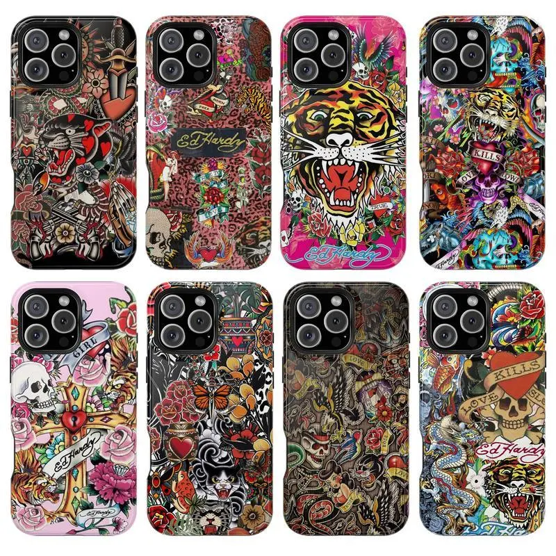 Ed Hardy Skull Leopard Phone Case, Y2K Aesthetic Retro Tattoo Vibes Tough Protective Cover, Trendy Gift, Compatible with iPhone 11-17 Pro Max/Plus