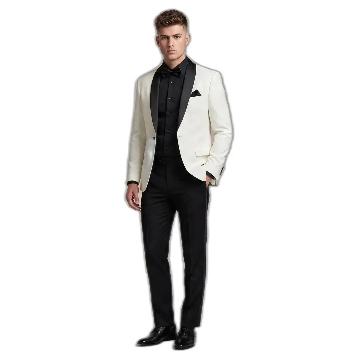 The Contrast King – White Tuxedo + Black Shirt + Black Bow Tie | Prom 2026