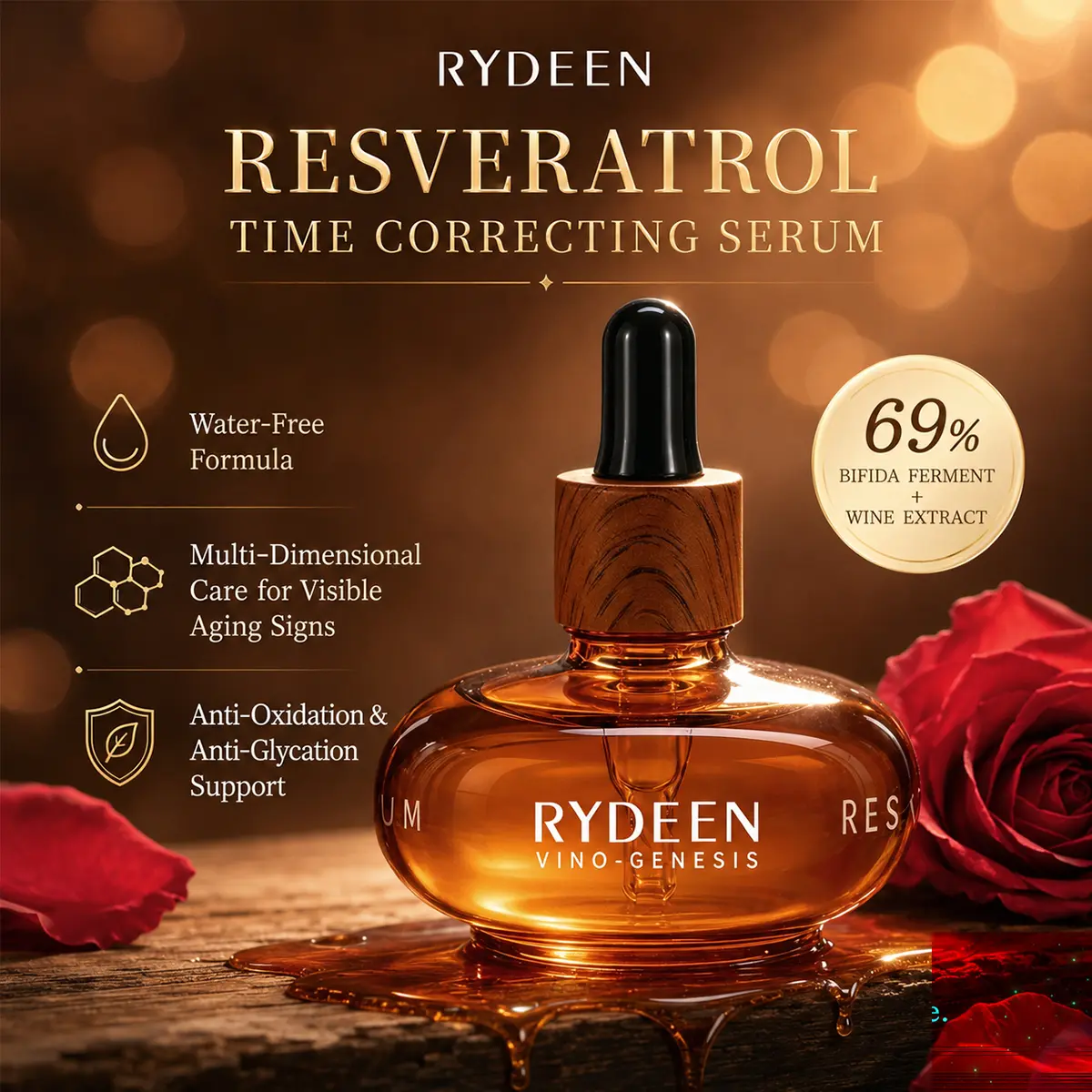 RYDEEN Resveratrol Time Correcting Serum - Lightweight Daily Antioxidant Face Treatment with Peptides for a Radiant, Nourishing Glow, Gentle, Silky, All Types, Apply Daily