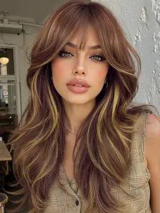 22 Inch Butterfly Cut Layered Cut Wigs with Curtain Bangs for Women, Copper Brown Gorgeous Fluffy Wigs with Curtain Bangs, Synthetic Full Machine Wigs for Party, Daily Use