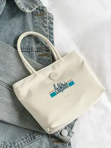 Structured Off-White Tote Bag with Retro "California" Graphic - Lightweight Nylon Handbag Featuring Rope Handles and Snap Button Closure, Perfect for Travel, Shopping, and Everyday Use