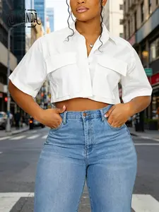 Special Benefits and Discounts Women's Chic Short-Sleeve Collared Fitted Blouse - Cropped Button-Up, Breathable Comfortable Fabric, Pockets, Casual Summer Tops for Everyday Wear