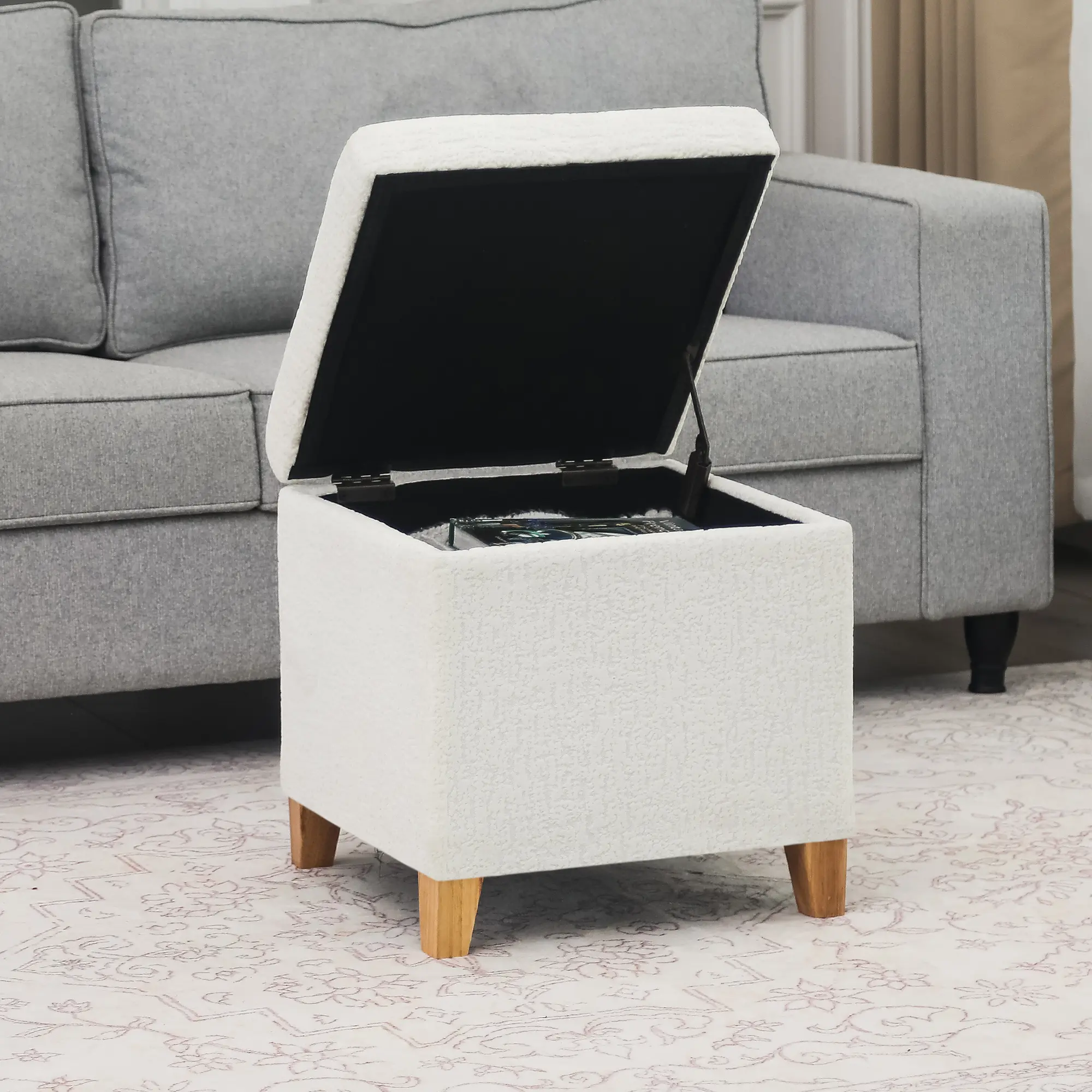 Square Storage Ottoman with Hinged Lid & Wood Legs, 17.3 Inch Upholstered Cube Footstool & Vanity Seat for Bedroom