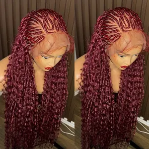 Burgundy French Braids Fulllace Wig Boho Style Curly Faux Locs Natural Fluffy Synthetic Perfect for Any Occasion
