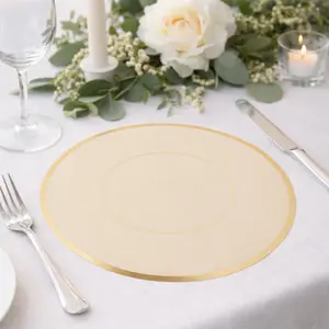 50 Pack Disposable Table Placemats 13" Round Taupe with Gold Rim – Cardboard Charger Plates for Elegant Table Settings, 128 GSM