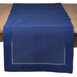 SARO  16 x 90 in. Rectangular Classic Hemstitch Border Table Runner - Navy Blue