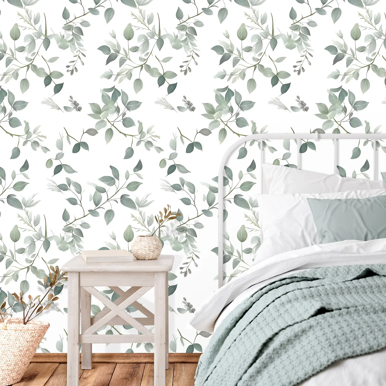1 Roll Fresh Green Waterproof Self-Adhesive Wallpaper, Peel And Stick Wallpaper Designs, Removable Contact Paper, Bohemian Eucalyptus Leaf, Boho Wallpaper, Living Room, Kitchen, Bathroom, Home Decor, Furniture Wall Decoration