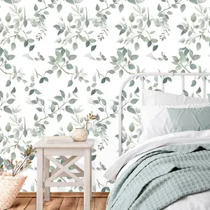 1 Roll Fresh Green Waterproof Self-Adhesive Wallpaper, Peel And Stick Wallpaper Designs, Removable Contact Paper, Bohemian Eucalyptus Leaf, Boho Wallpaper, Living Room, Kitchen, Bathroom, Home Decor, Furniture Wall Decoration