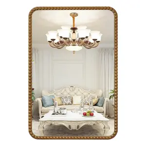 Bathroom Beaded Frame Wall Mirror, 24 “x36” Round Corner Antique Gold Rectangle Mirror, Living Room Decorative Mirror (Horizontal or Vertical)