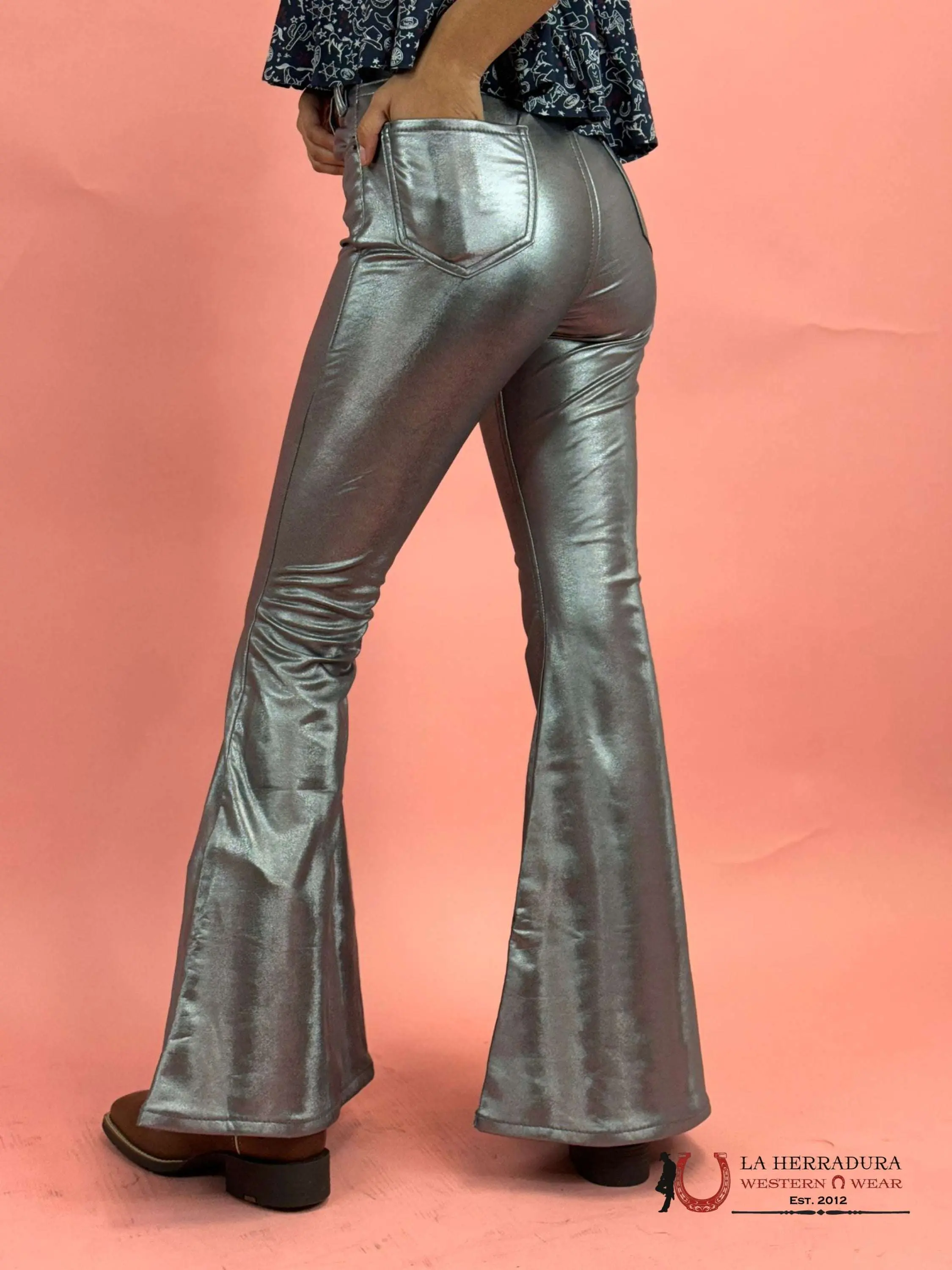 Women's High Waist Vintage Shiny Silver Bell Bottom Jeans - Multi-Size, 24x32, Glamorous Western Charm, Elegant Style, Versatile Outfit Pairing