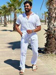 men's solid color button front shirt & pants two-piece set, regular fit casual shortsleeve collared top & trousers for tropical summer, men's two-piece outfits for beach vacation, menswear, suits, summer clothing set, matching shorts set