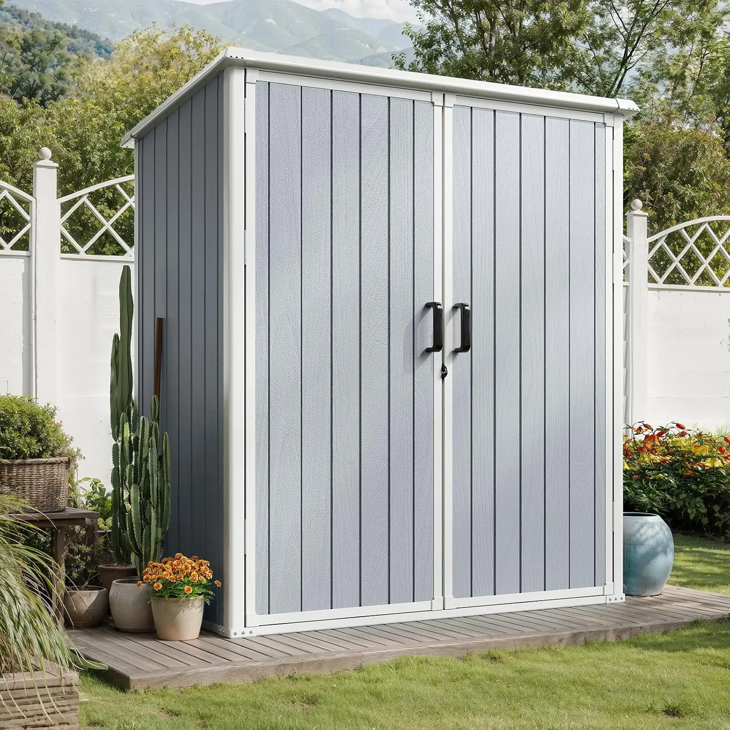 Aoxun 5x3FT Resin Outdoor Storage Shed with Floor, Lockable Door & Organizer - Grey, Ideal for Garbage Cans, Tool Accessories, Lawn & Garden Supplies