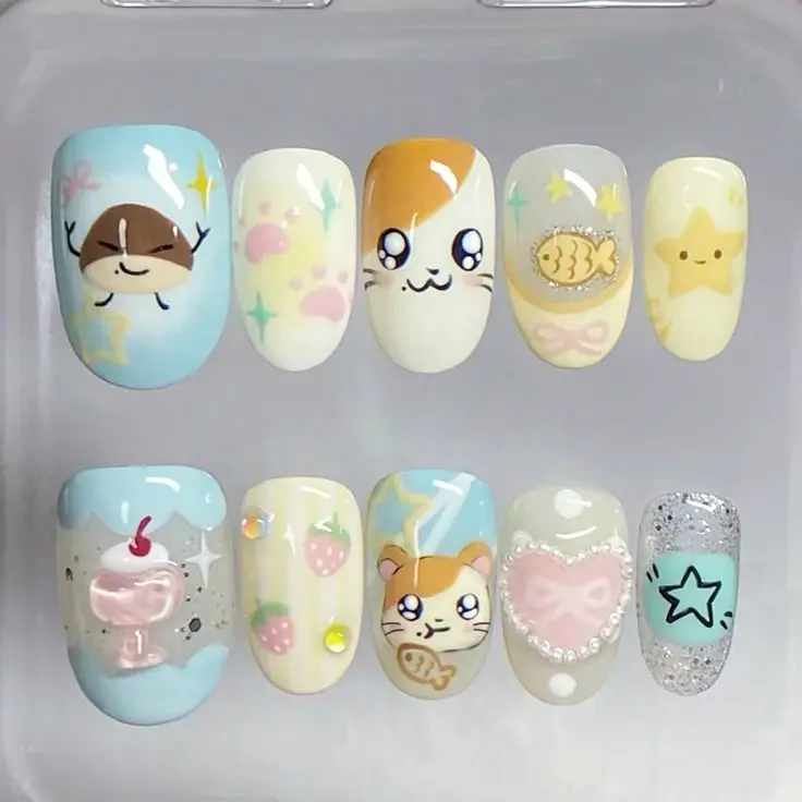 Handmade Kawaii 3D Press On Nails | Cute Cartoon Cat Eye Nails with Ice Cream, Strawberry, Shark Charms & Pearl Hearts | Reusable Fake Nails with FREE Adhesive Tabs FREE Nail File FREE Cuticle Stick