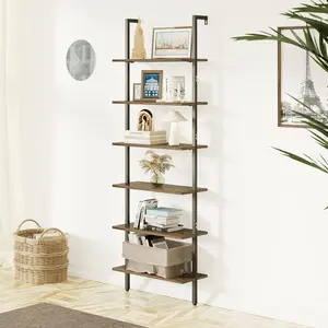 Ladder Shelf  6 Tiers Modern Bookshelf Room Organizer Open Tall Wall Mount Bookcase Standing Leaning Wall Shelves Industrial Decorative Living Room Bed Room