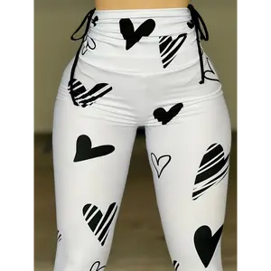 Sexy High-Waisted Drawstring Sports Leggings with Heart and Striped Patterns - White, Polyester, Knit Fabric, All-Season Fitness Wear for Women, Fitness Leggings|Playful Print Leggings|Stretchy Fabric