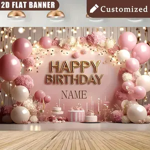 (Custom Name)2D Flat, 1pc Customizable Princess-Themed Birthday Party Banner - Sparkling Pink Floral & Cake Design, Vinyl Inkjet Print, Personalized Name Option, Perfect for Wall Decor & Event Signage, Birthday