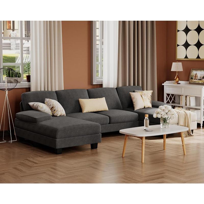 U-Shaped Sectional Sofa with Double Chaise, 4-Seat Couch with Corduroy Upholstery for Living Room or Apartment – Dark Grey