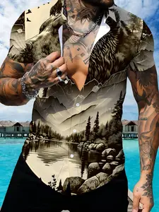 Men's Landscape Print Short Sleeve Shirt, Summer Outdoor Casual Trendy Top