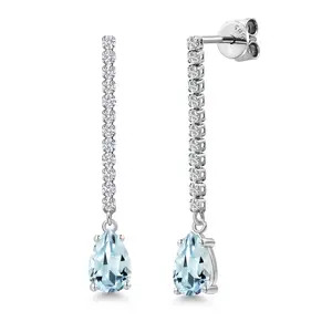 14K White Gold Gemstone Birthstone and White Lab Grown Diamond Long Liner Teardrop Dangle Earrings for Women | Pear Shape 8X5MM | White Gold Chain Drop Earrings