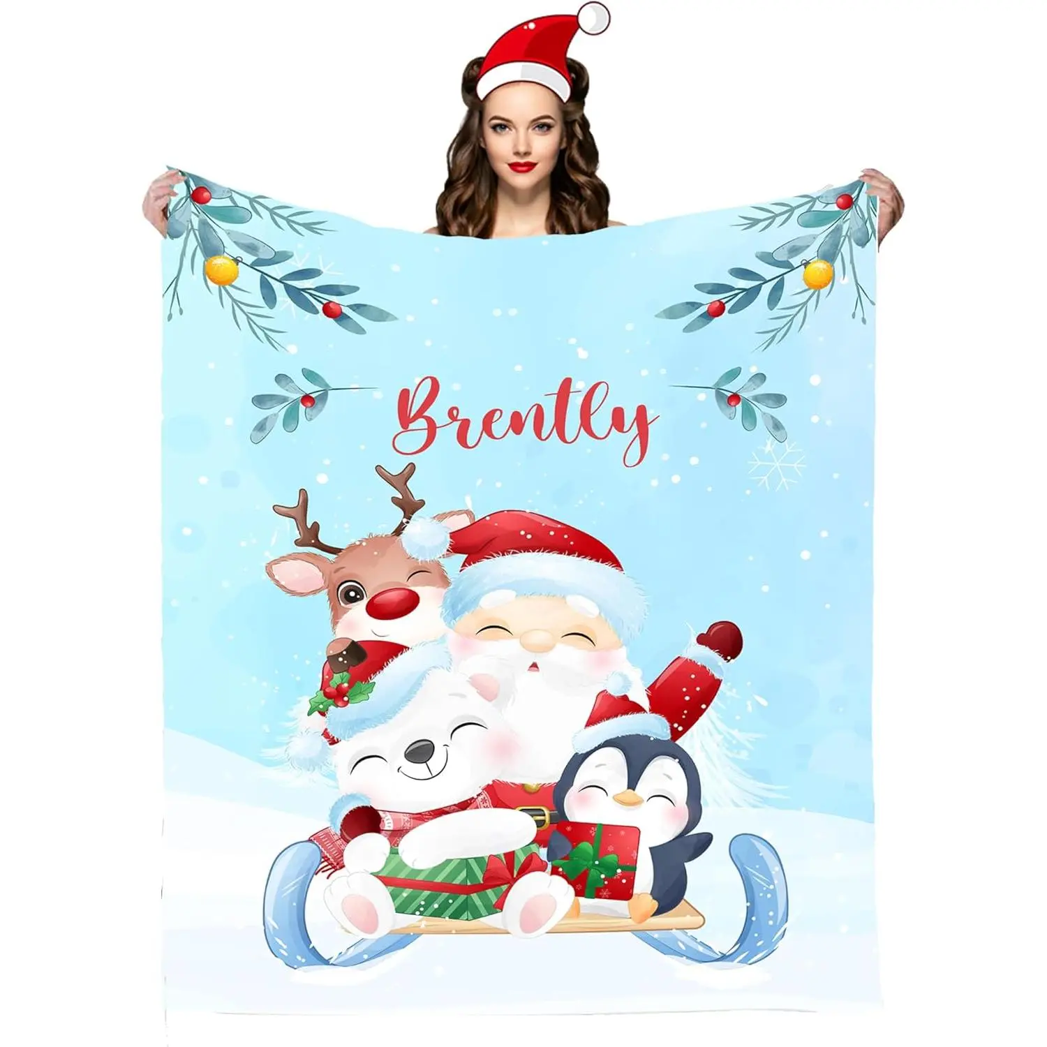 Custom Christmas Name Blankets for Kids Adults, Personalized Merry Christmas Santa Claus Elk Snowman Fleece Throw Blankets with Name,  30"x40"