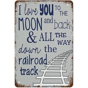 Funny I Love You To The Moon And Back And All The Way Down The Railroad Track Train Metal Tin Sign Boy Room Decor Boy Train Gift Funny Vintage Metal Tin Sign For Home Coffee 8x12 Inch