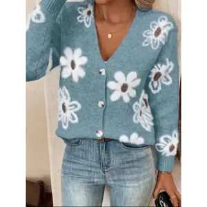 Women's Floral Print Drop Shoulder Button Front Sweater Cardigan, Casual Fit Long Sleeve V Neck Cardigan Sweater for Daily Wear, Ladies Knitwear for All Seasons, Womenswear