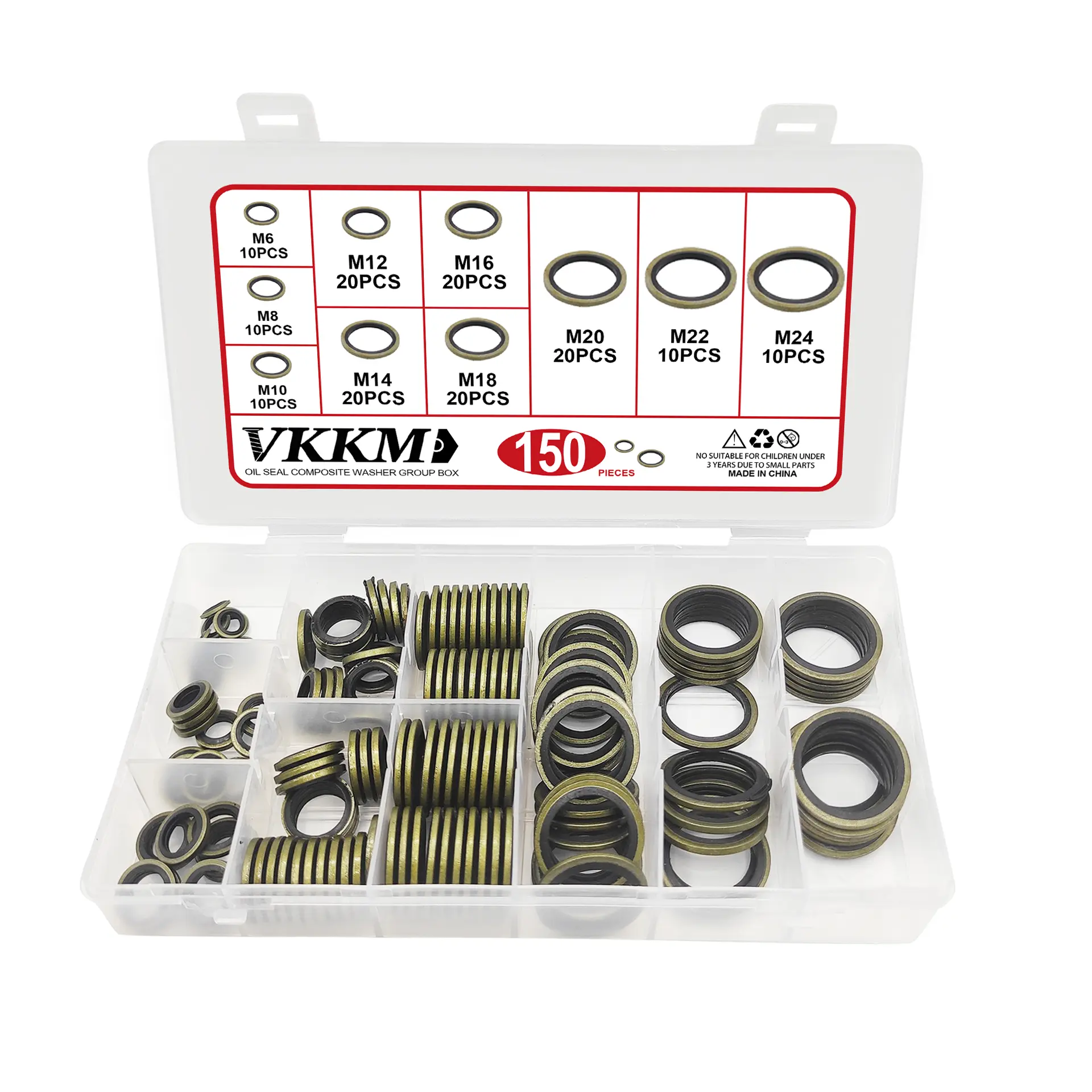VKKM 150Pcs Bonded Sealing Washers Assortment Kit, M6-M24 Composite Oil Drain Plug Gaskets, Carbon Steel & Nitrile Rubber Oil Seal Washers for Automotive Oil Pan Bolts, Pipe Thread Sealing