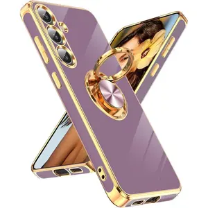 for Galaxy S25 Case: with 360° Rotatable Ring Holder Magnetic Kickstand, Plating Rose Gold Edge Protective for Samsung Galaxy S25 Case, Purple