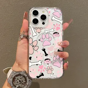 Soft Girl Magnetic Case for iPhone11/12/13/14/15/16/17/promax, Pink Puppy Paw Print Pattern Lightweight, Drop-Proof, MagSafe Compatible | Perfect for Teen Girls