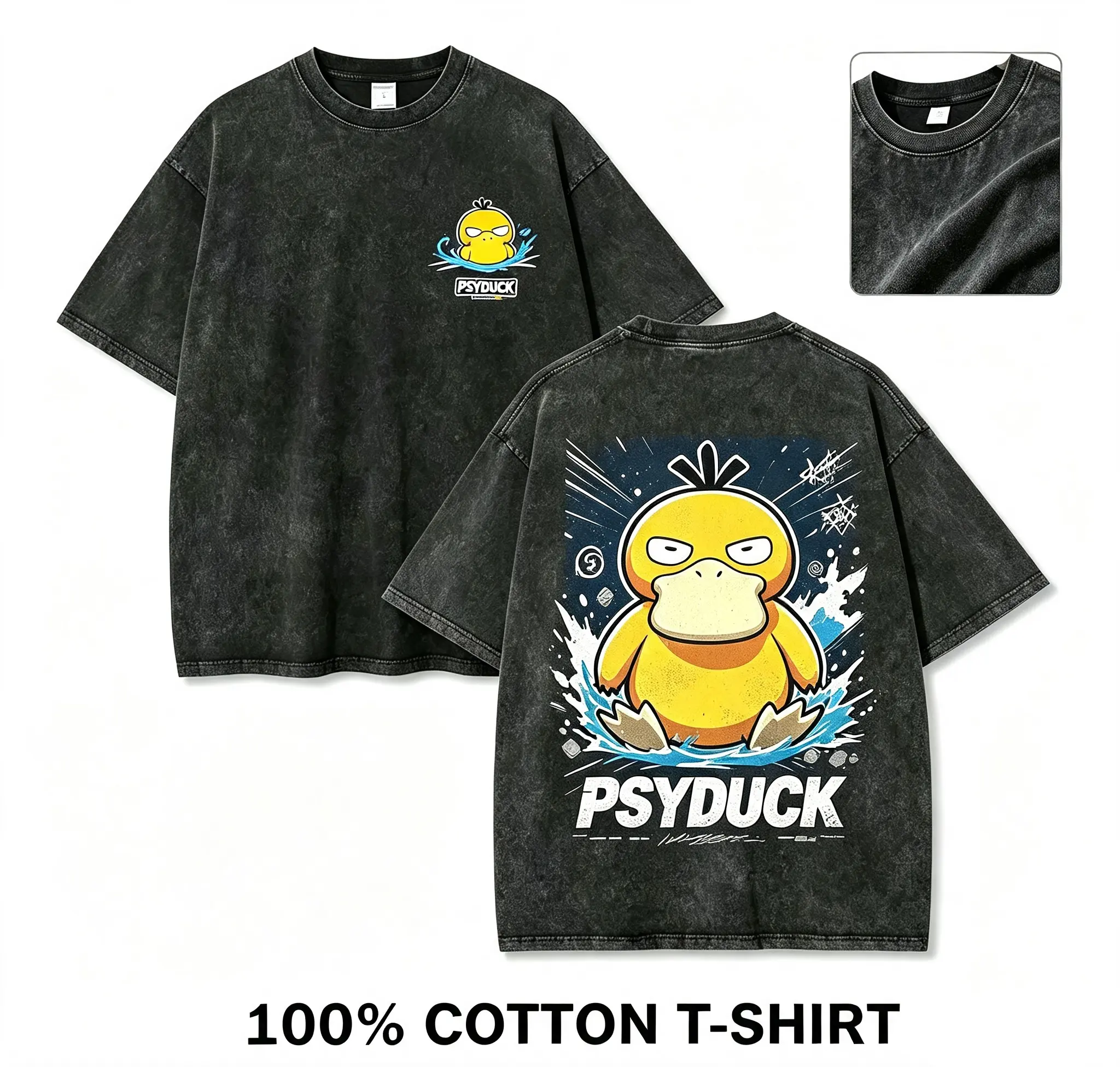 Unisex 100% Cotton Oversized Loose Retro Wash Anime Graphic Tee - Front Mini Psyduck Badge, Back Splash-Style Character Art, Men's Streetwear Casual Daily Top