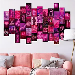 50 PCS Aesthetic Wall Collage Photo Kit, Pink Neon Posters with Double Adhesive, Gift-Worthy Bedroom Decor for Teen Girls (4x6 in) - Girly Teen Room Decor Decoration Landscape