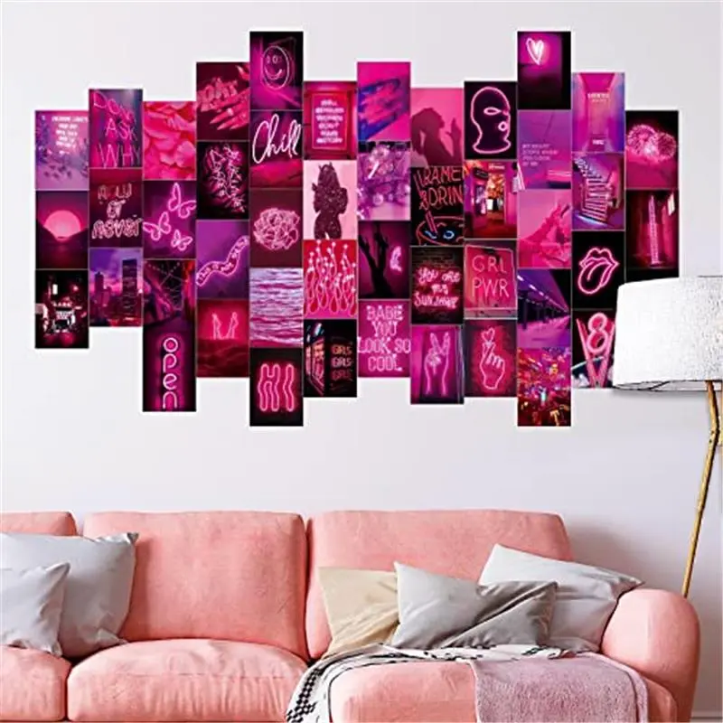 50 PCS Artistic Wall Collage Photo Print Kit, 4x6 in Pink Neon Posters with Double Adhesive, Christmas Gift, Girly House Accessories for Women's Cute Room Stuff & Bedroom Aesthetic Decor