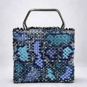 Blue Nebula Handmade Beaded Top Handle Bag with Metal Handle - One-of-a-Kind Statement Purse for Evening Events