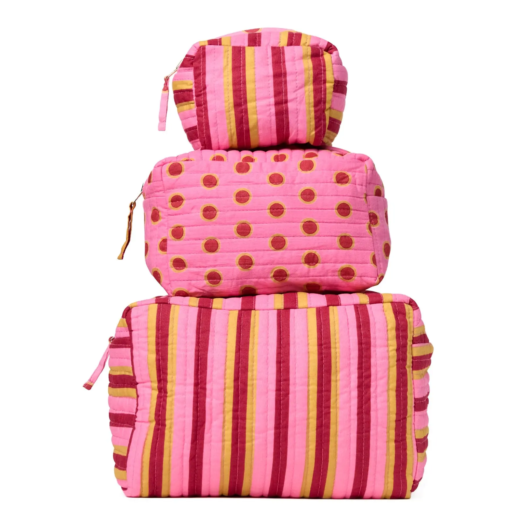 Frenchie 3 Piece Makeup Bag Set Camel + Pink