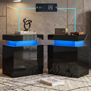2 Pcs LED Lit Bedside Night Table High Gloss Surface Built-in Charging Station Storage Drawer Fashion Sofa End Side Table for Bedroom Living Room Home Furnishing