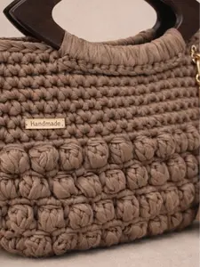 Handmade Crochet Top Handle Bag - Elegant Taupe Tone, Wood Handle, Lightweight, Made to Order