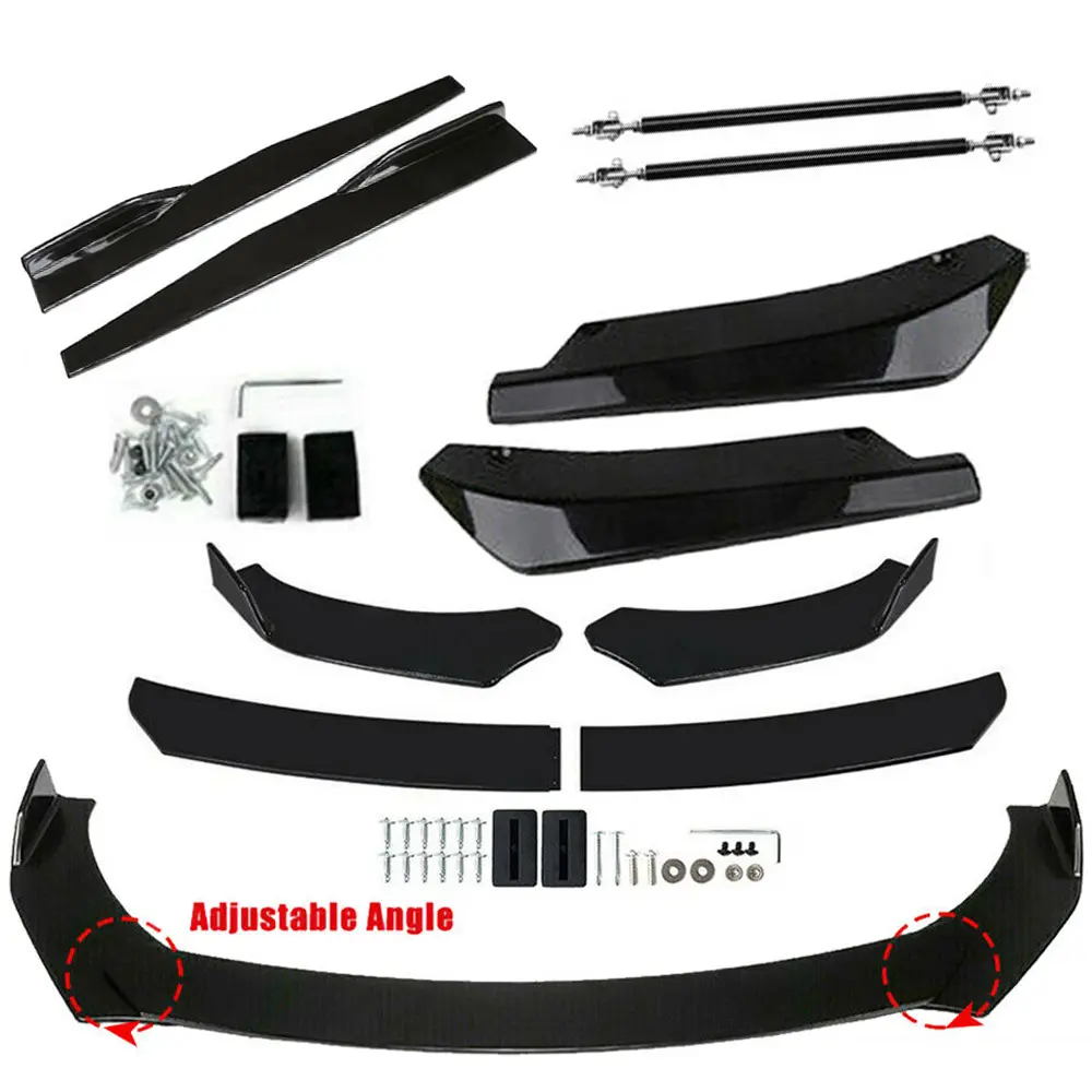 Universal Car Front Bumper Lip + 2PCS 8"-11" Adjustable Splitter Rods front lip Spoiler Splitter Body Kit Compatible with Dodge Charger Nissan Cruze Honda Civic Toyota Altima Chevy,Replacement for Car Sedan Suvs