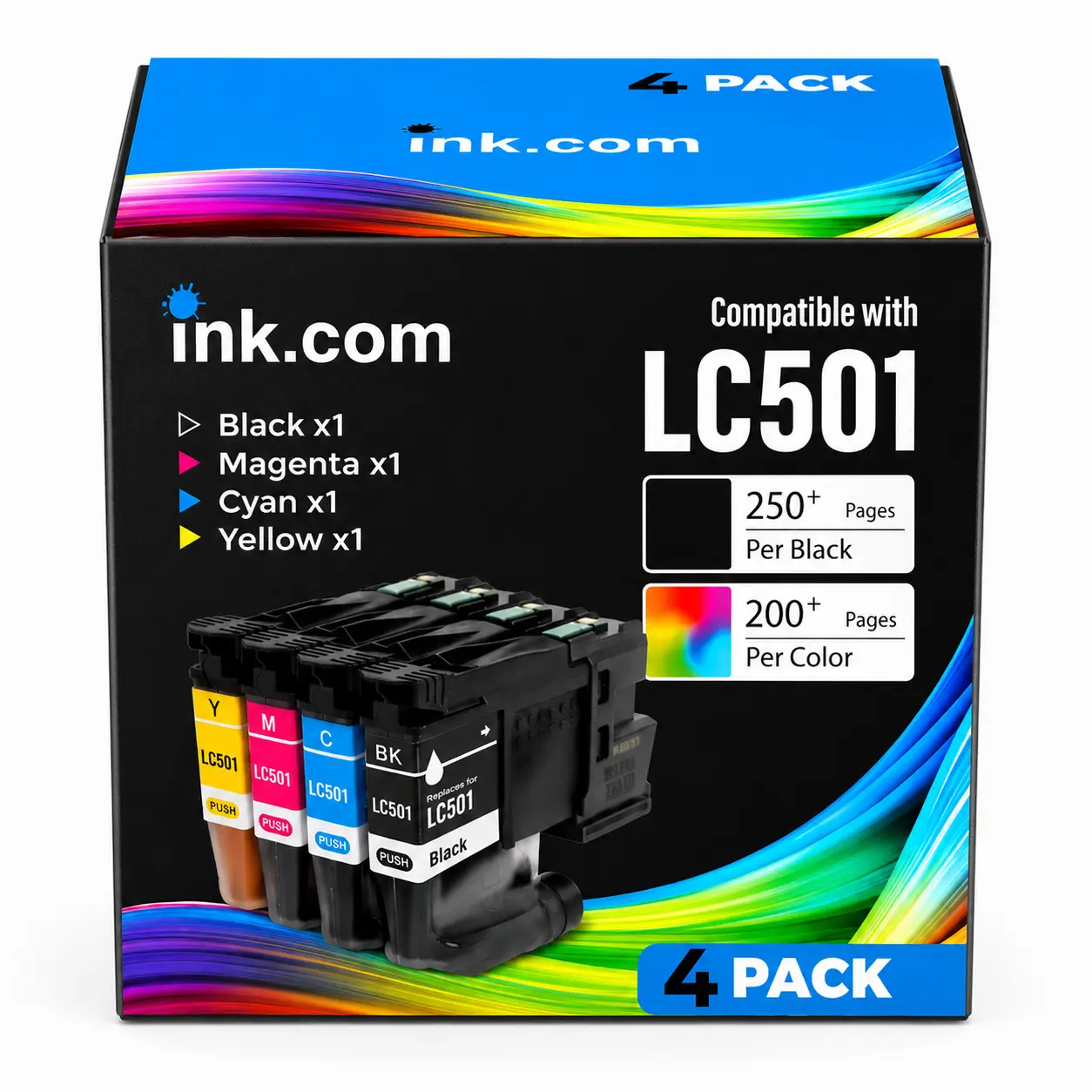 High Yield Ink Cartridge 4-Pack for Ink.com LC501, Compatible with Select Brother Models Including MFC-J1260W, J1360DW, J1410DW