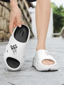 Women's White-Black Color-Block Slides: Breathable Hollow + Soft Shock-Absorbing Sole, Anti-Slip Bathroom Home Slippers