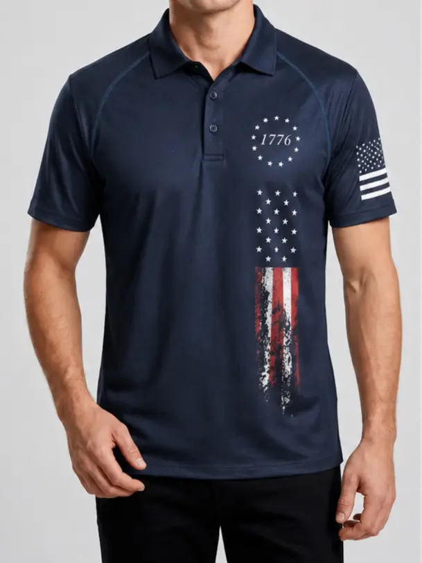 Men's Patriotic Casual Polo Shirt with USA Flag Sleeve, Tactical Quick Dry Top with Short Sleeves, Breathable Cool Polo, Casual Polo Shirts, Pure Cotton