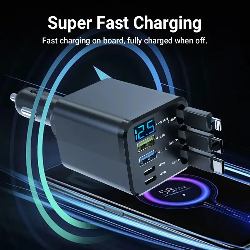 7-in-1 Retractable Car Charger, 22.5W Super Fast Charging, 3 Built-in Cables (2 USB-C & Lightning), 2 PD Ports, Smart Chip Protection, Voltage Display, Ambient Light, Dual-Port Charger for iPhone & Android Vehicle Accessories, Dual-Port Usb Chargers