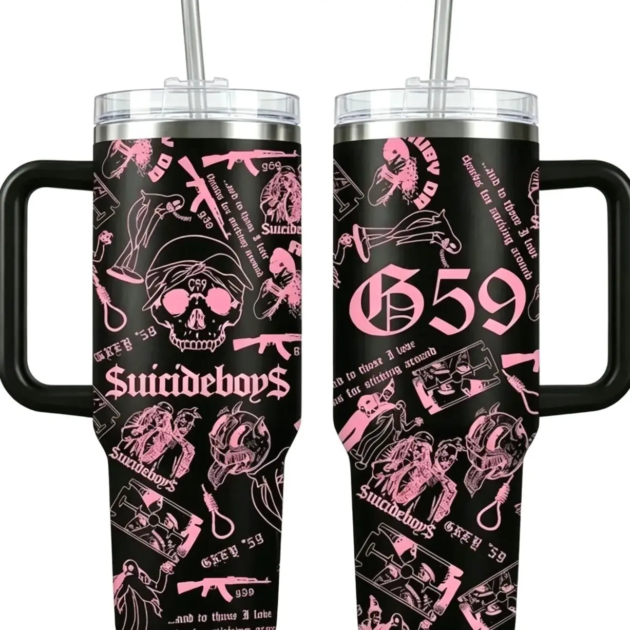 G59 Grey Five Nine Suicideboys 40oz Insulated Tumbler, Multicolor Skull Collage Aesthetic Travel Mug, Dark Trap Goth Underground Rap Style Cup, Premium Stainless Steel Heat Cold Retention Drinkware