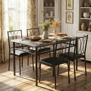 Garvee 5-Piece Dining Table Set for 4, Compact Rectangle Kitchen Table with 4 Upholstered Chairs, Space-Saving Rustic Gray Furniture for Small Apartments and Dining Rooms