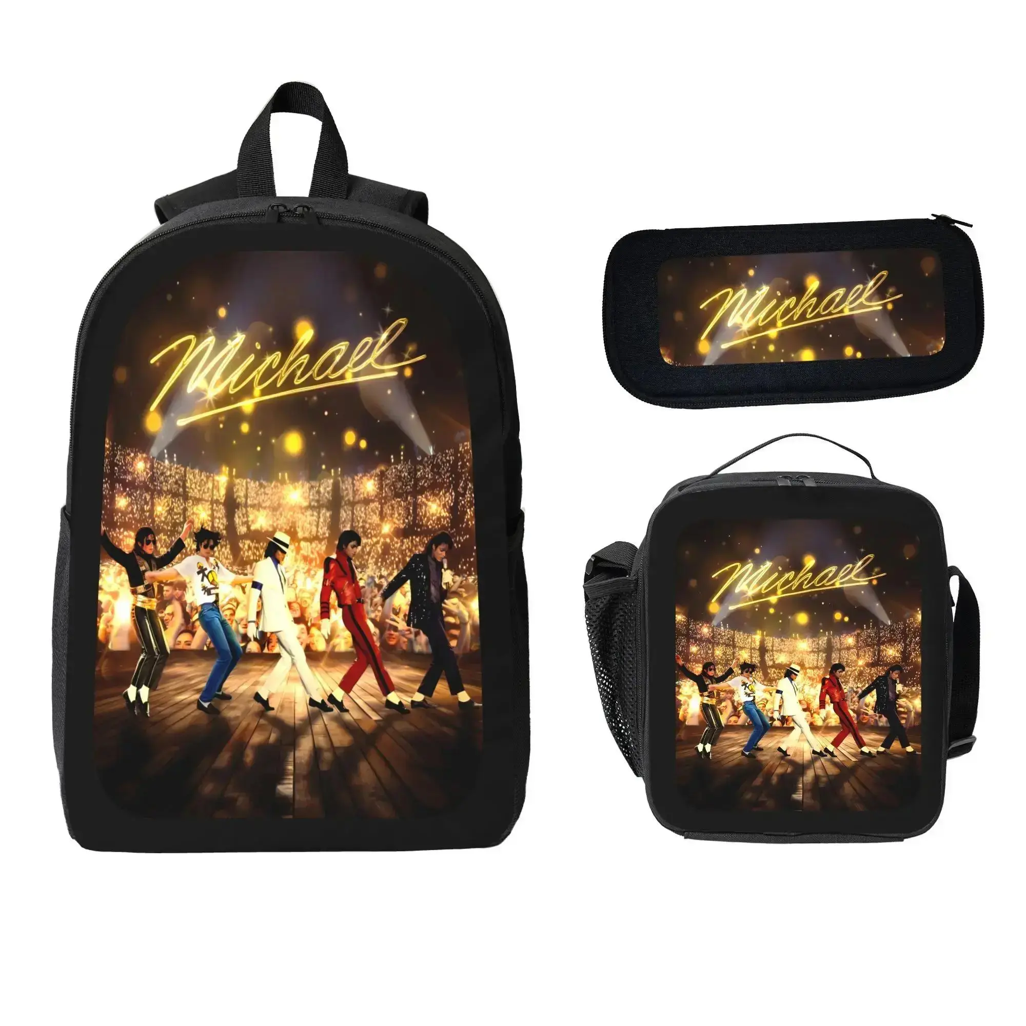 Michael Jackson King of Pop Printed 3-Piece Backpack Set - Black White Aesthetic Music School Bookbag with Lunch Box, Lightweight Durable Teens Gift, Pencil Case
