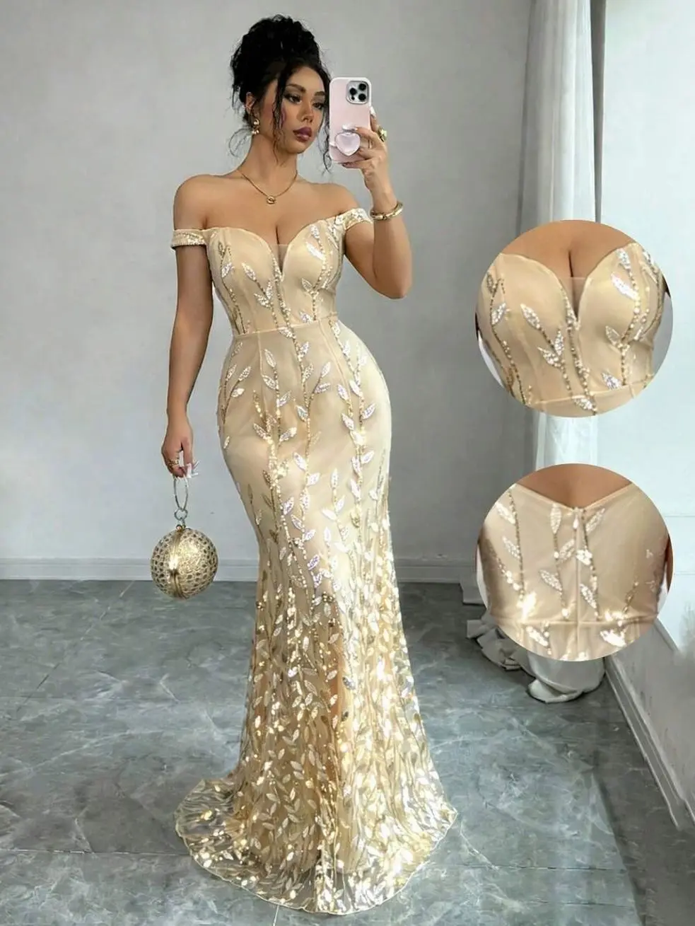 Women's Elegant Mesh Sequin Off-Shoulder Fitted Mermaid Dress Off Shoulder Formal Dress Sexy Elegant Dress Champagne Dress