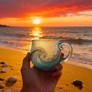 Wave Mug - Sapphire green and ocean-themed glassware with textured waves, reusable for coffee, tea, and cocktails, ideal for beach lovers