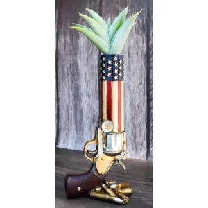 Western American Flag Cowboy Pistol Gun With Bullet Shells Floral Vase Decor